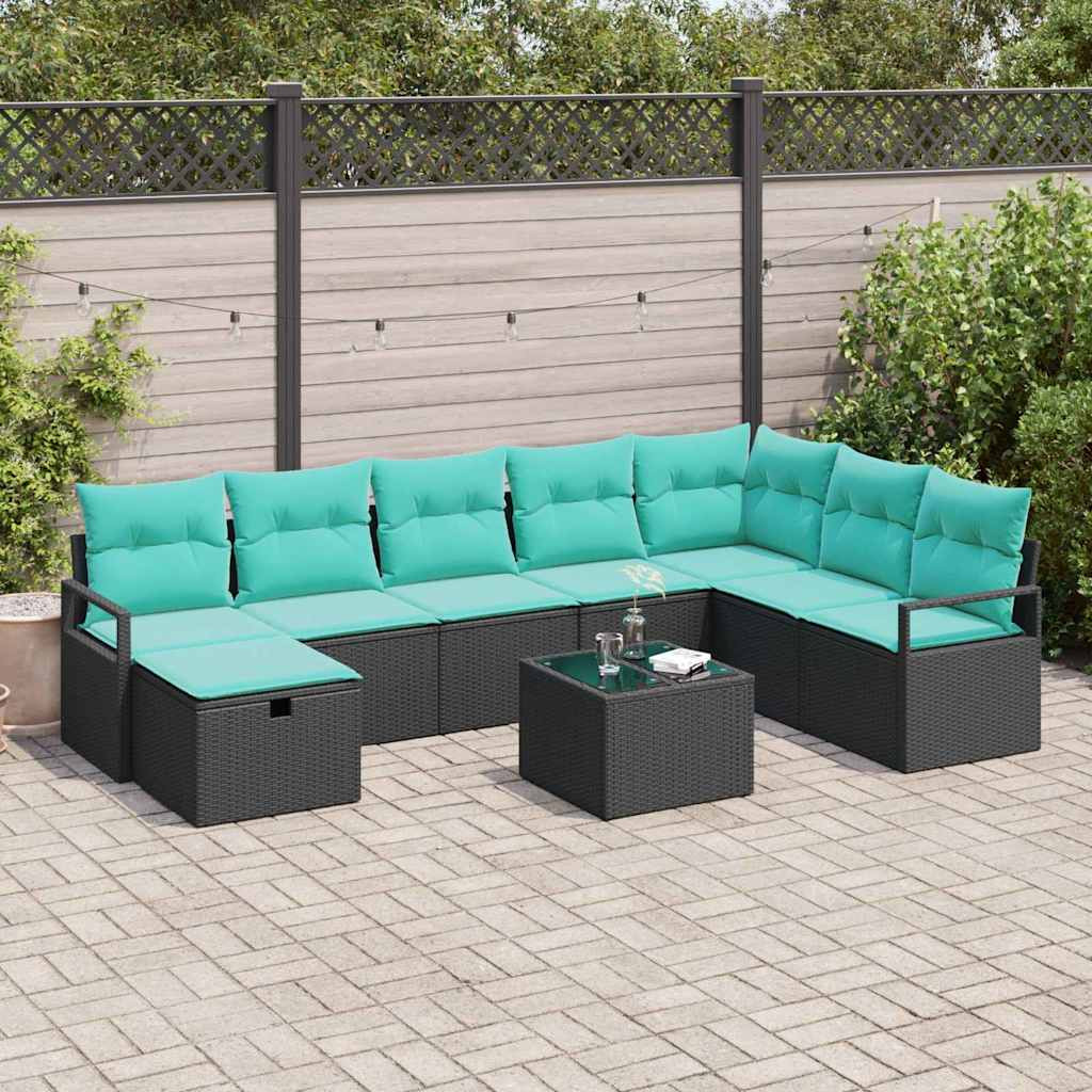vidaXL Sofa Set mit Kissen mit Speicher 9 pcs Schwarz Poly-Rattan