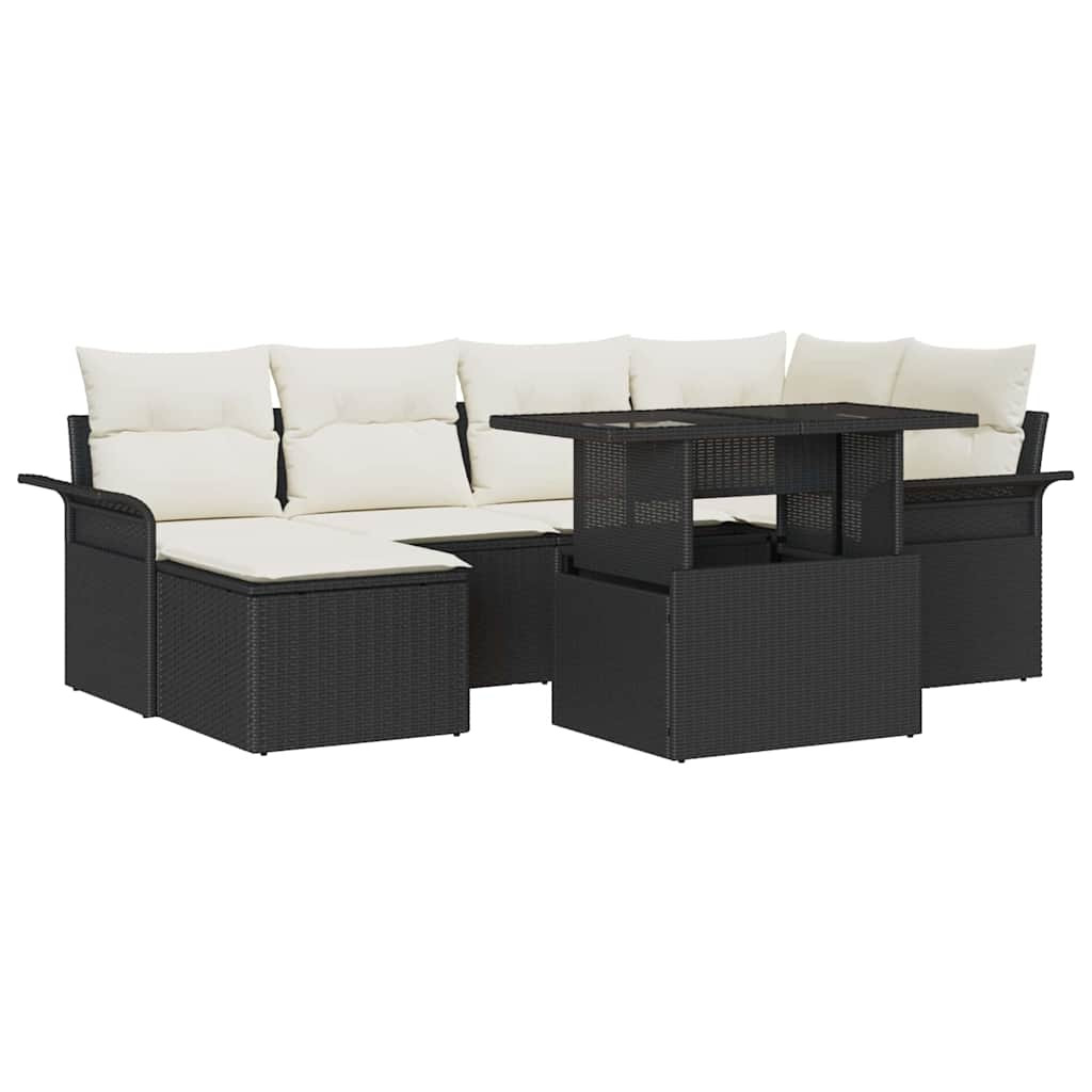 vidaXL Garten-Sofa-Set mit Kissen 7 pcs Schwarz Poly Rattan