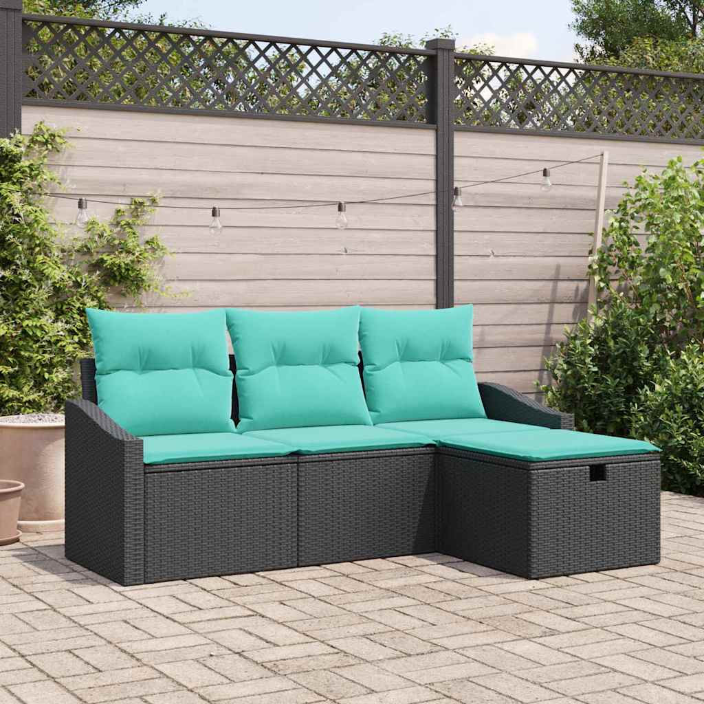vidaXL Sofa Set mit Kissen mit Speicher 4 pcs Schwarz Poly Rattan
