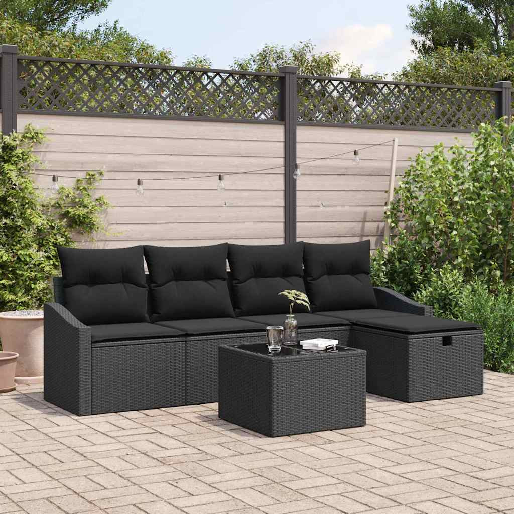 vidaXL Sofa Set mit Kissen mit Speicher 6 pcs Schwarz Poly-Rattan