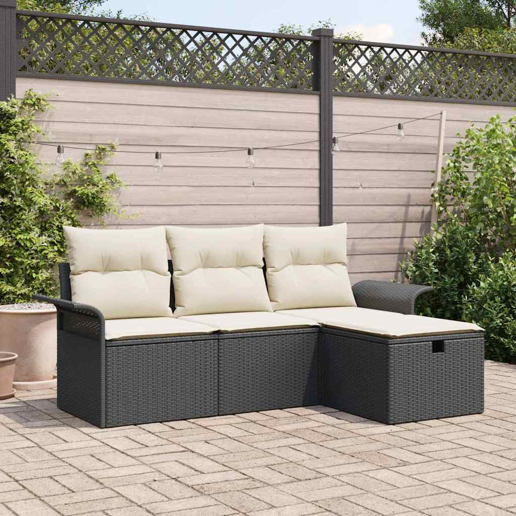 vidaXL Garten-Sofa-Set mit Kissen 4 pcs Schwarz und Creme Poly Rattan