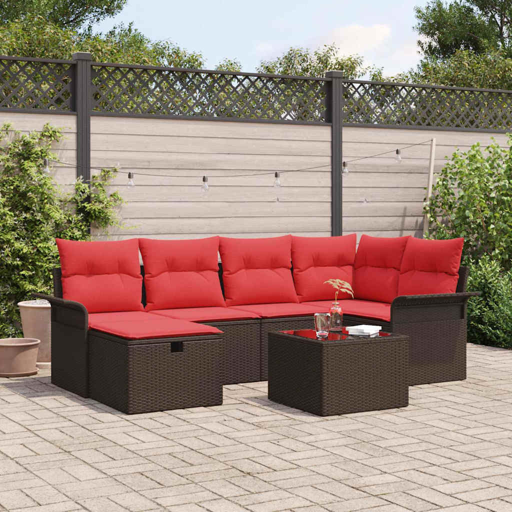 vidaXL Gartensofa-set mit Kissen 7 pcs Braun und Rot Poly-Rattan
