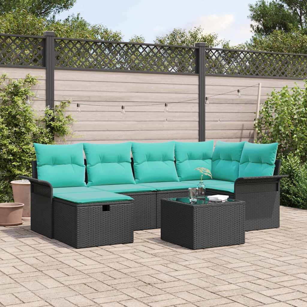 vidaXL Gartensofa-set mit Kissen 7 pcs Schwarz und Türkis Poly-Rattan