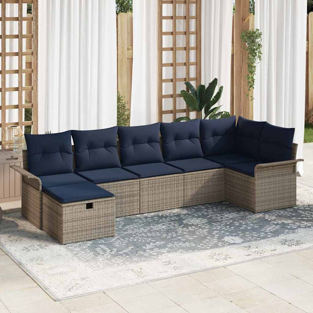 vidaXL Gartensofa-set mit Kissen 7 pcs Grau und Marineblau Poly-Rattan