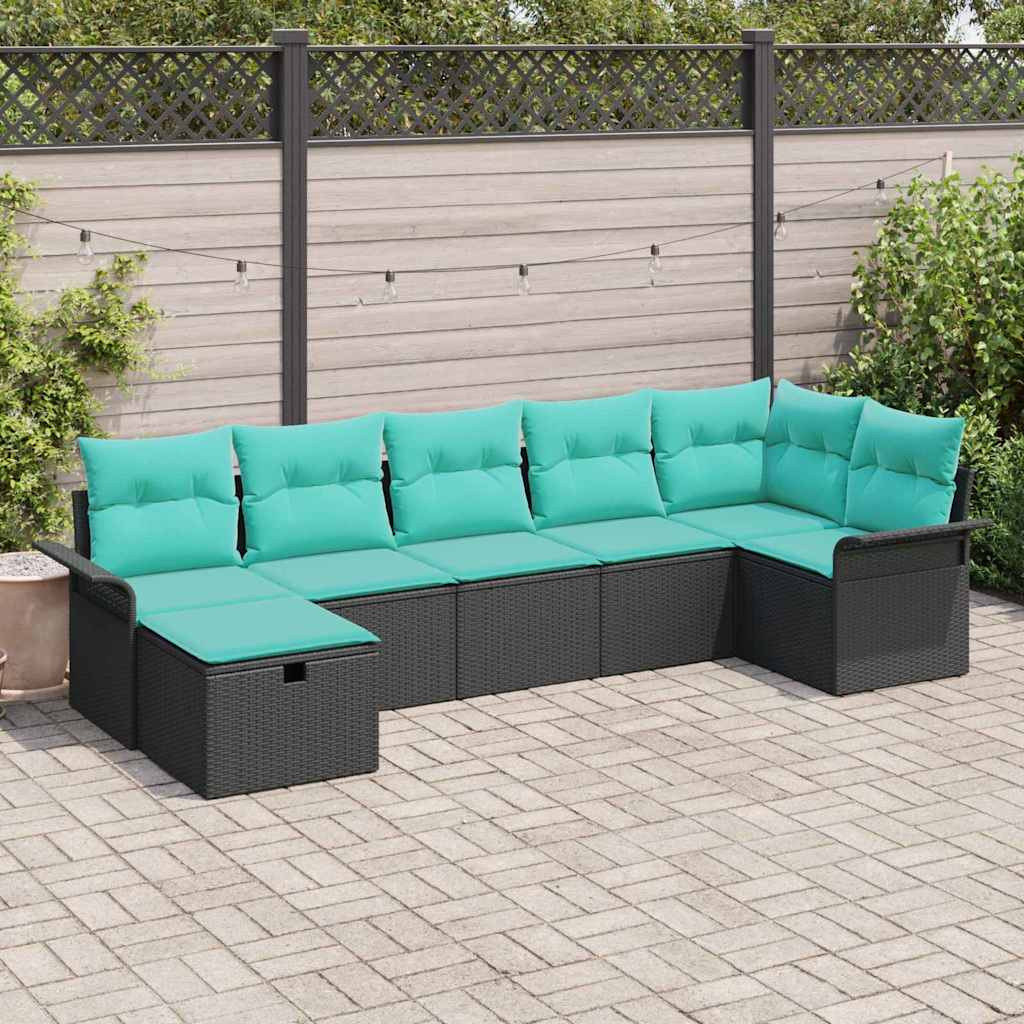 vidaXL Gartensofa-set mit Kissen 7 pcs Schwarz und Türkis Poly-Rattan
