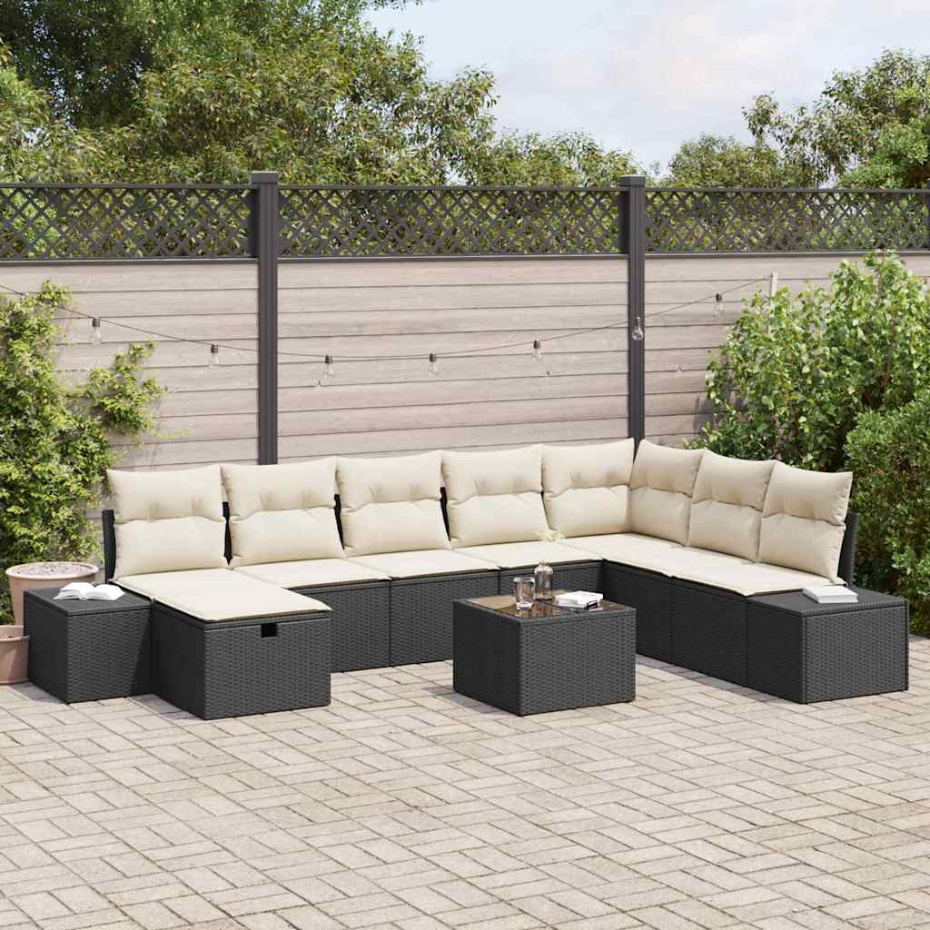 vidaXL Garten-Sofa-Set mit Kissen 9 pcs Schwarz Poly Rattan