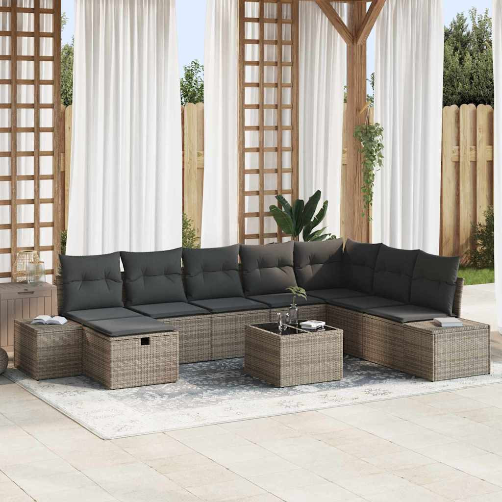 vidaXL Garten-Sofa-Set mit Kissen 9 pcs Grau Poly Rattan