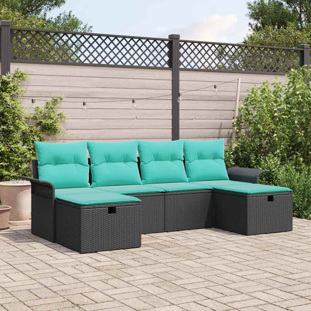 vidaXL Gartensofa-set mit Kissen 6 pcs Schwarz und Türkis Poly-Rattan