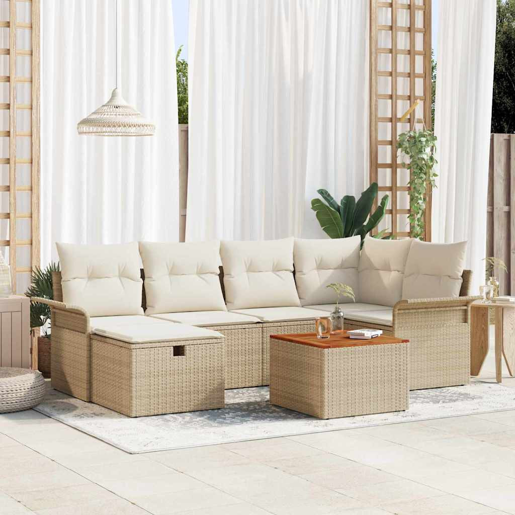 vidaXL Gartensofa-set mit Kissen mit Speicher 7 pcs Beige Poly Rattan