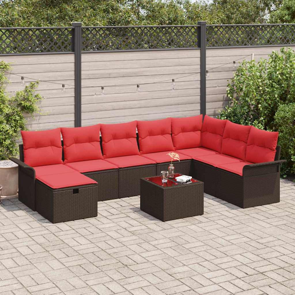 vidaXL Gartensofa-set mit Kissen 9 pcs Braun und Rot Poly-Rattan