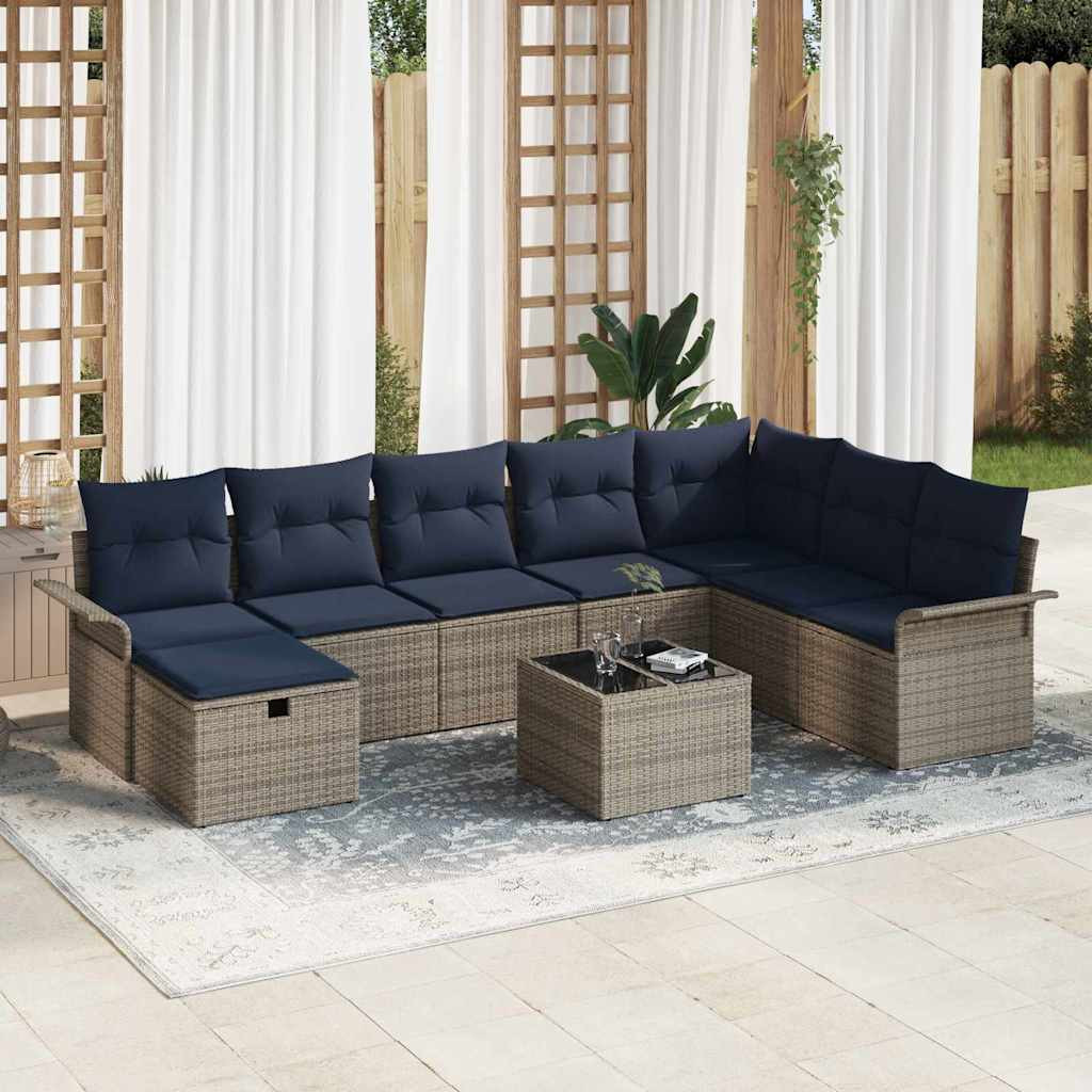 vidaXL Gartensofa-set mit Kissen 9 pcs Grau und Marineblau Poly-Rattan