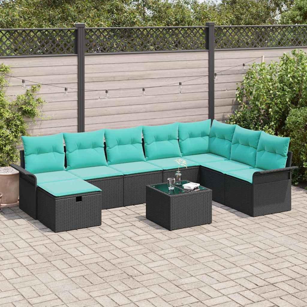 vidaXL Gartensofa-set mit Kissen 9 pcs Schwarz und Türkis Poly-Rattan