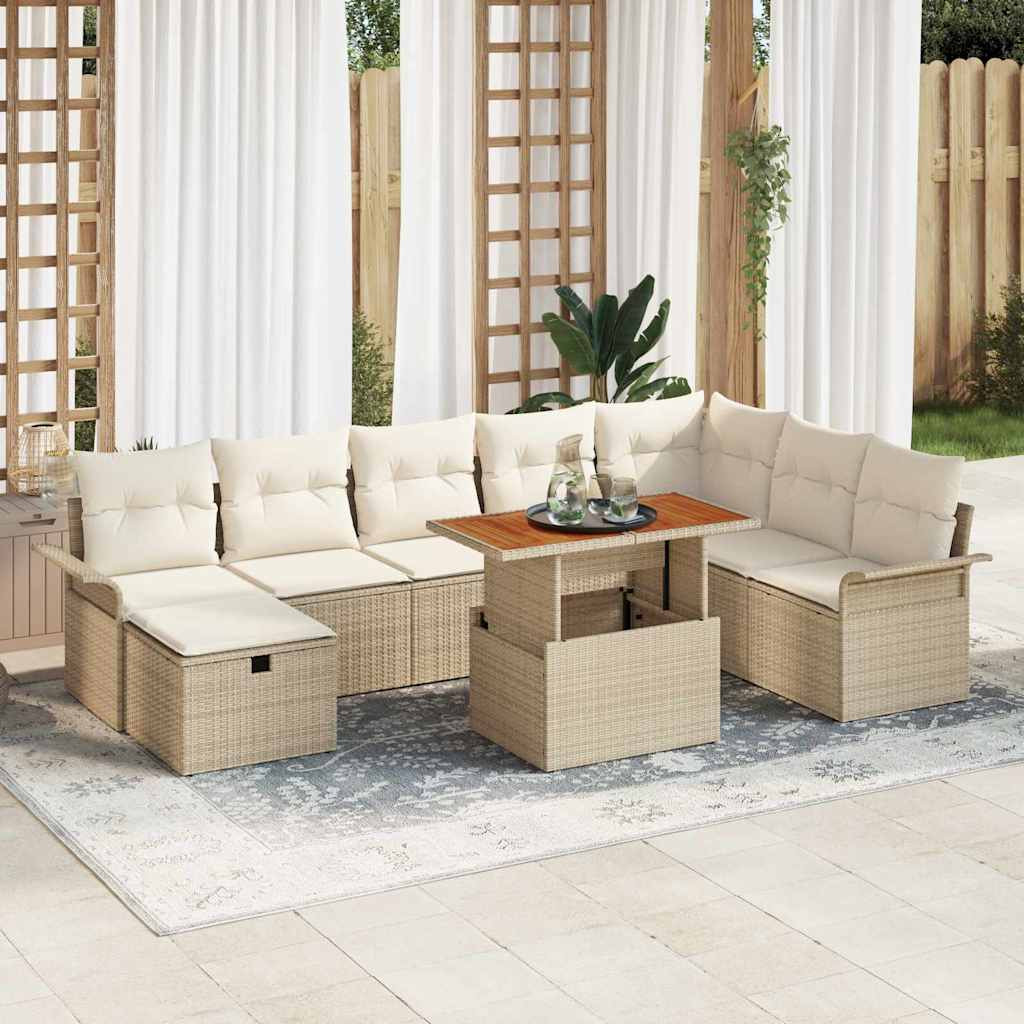 vidaXL Gartensofa-set mit Kissen mit Speicher 9 pcs Beige Poly-Rattan