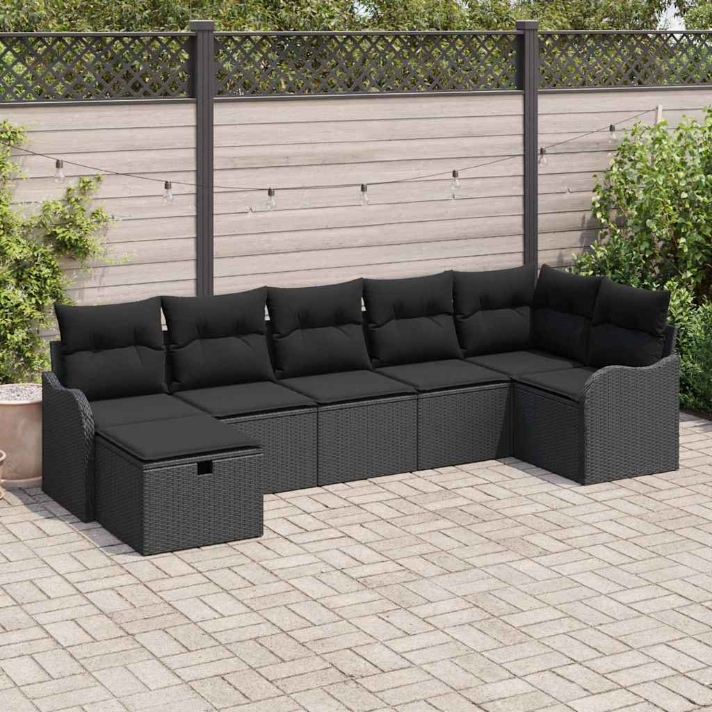 vidaXL Sofa Set mit Kissen mit Speicher 7 pcs Schwarz Poly-Rattan