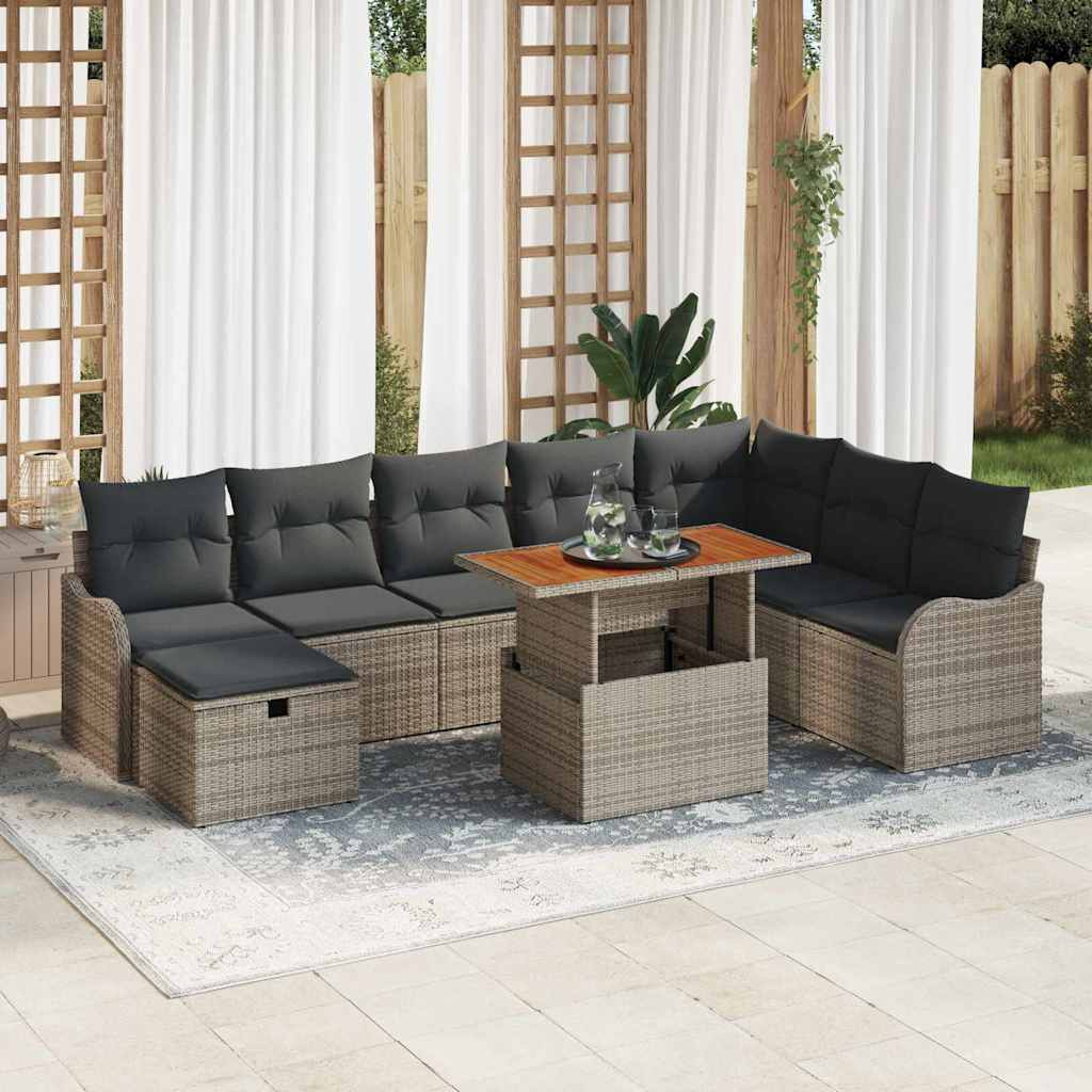 vidaXL Gartensofa-set mit Kissen mit Speicher 9 pcs Grau Poly-Rattan