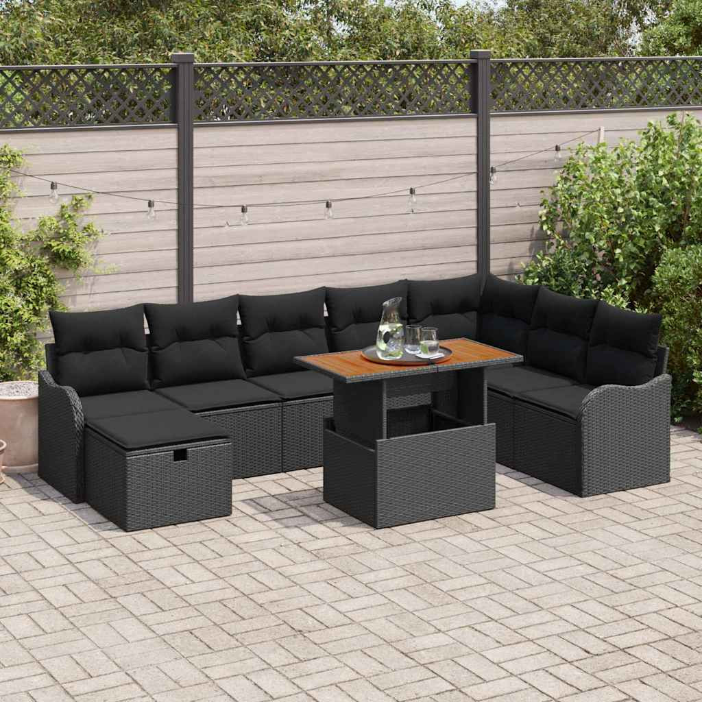 vidaXL Gartensofa-set mit Kissen 9 pcs Schwarz Poly-Rattan