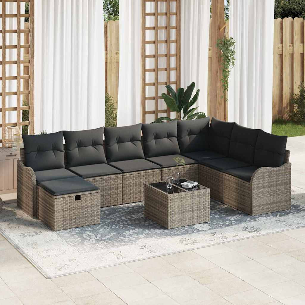 vidaXL Sofa Set mit Kissen mit Speicher 9 pcs Grau Poly-Rattan