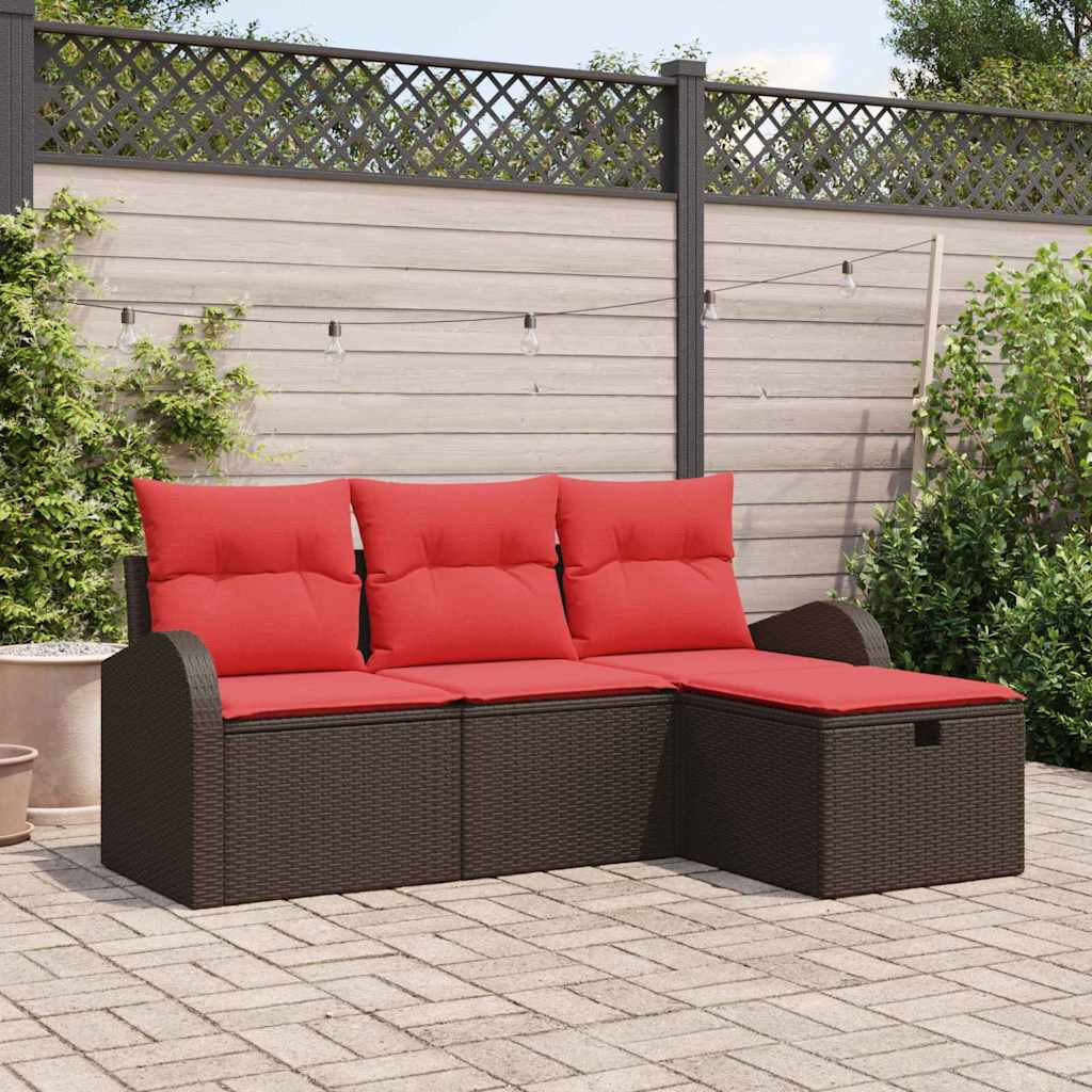 vidaXL Sofa Set mit Kissen 4 pcs Braun und Rot Poly-Rattan