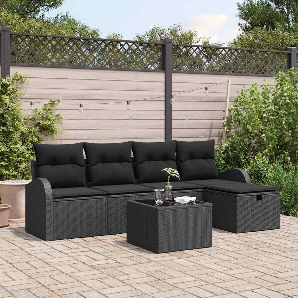vidaXL Sofa Set mit Kissen mit Speicher 6 pcs Schwarz Poly-Rattan