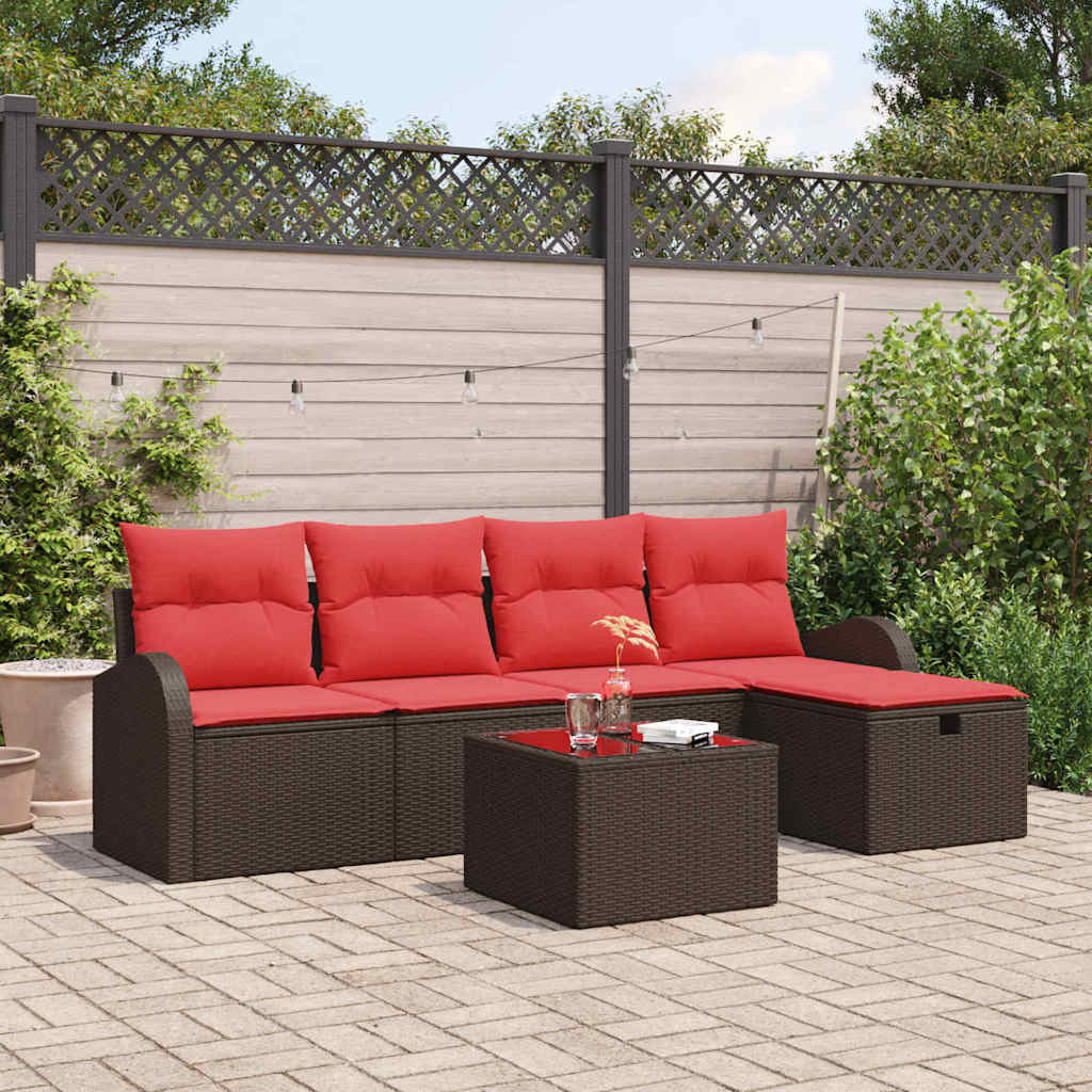vidaXL Sofa Set mit Kissen mit Speicher Braun und Rot Poly-Rattan