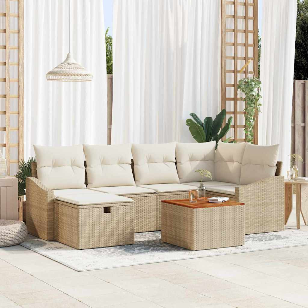 vidaXL Gartensofa-set mit Kissen mit Speicher 7 pcs Beige Poly Rattan