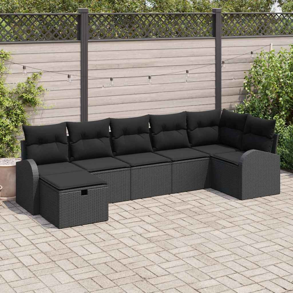 vidaXL Sofa Set mit Kissen mit Speicher 7 pcs Schwarz Poly-Rattan