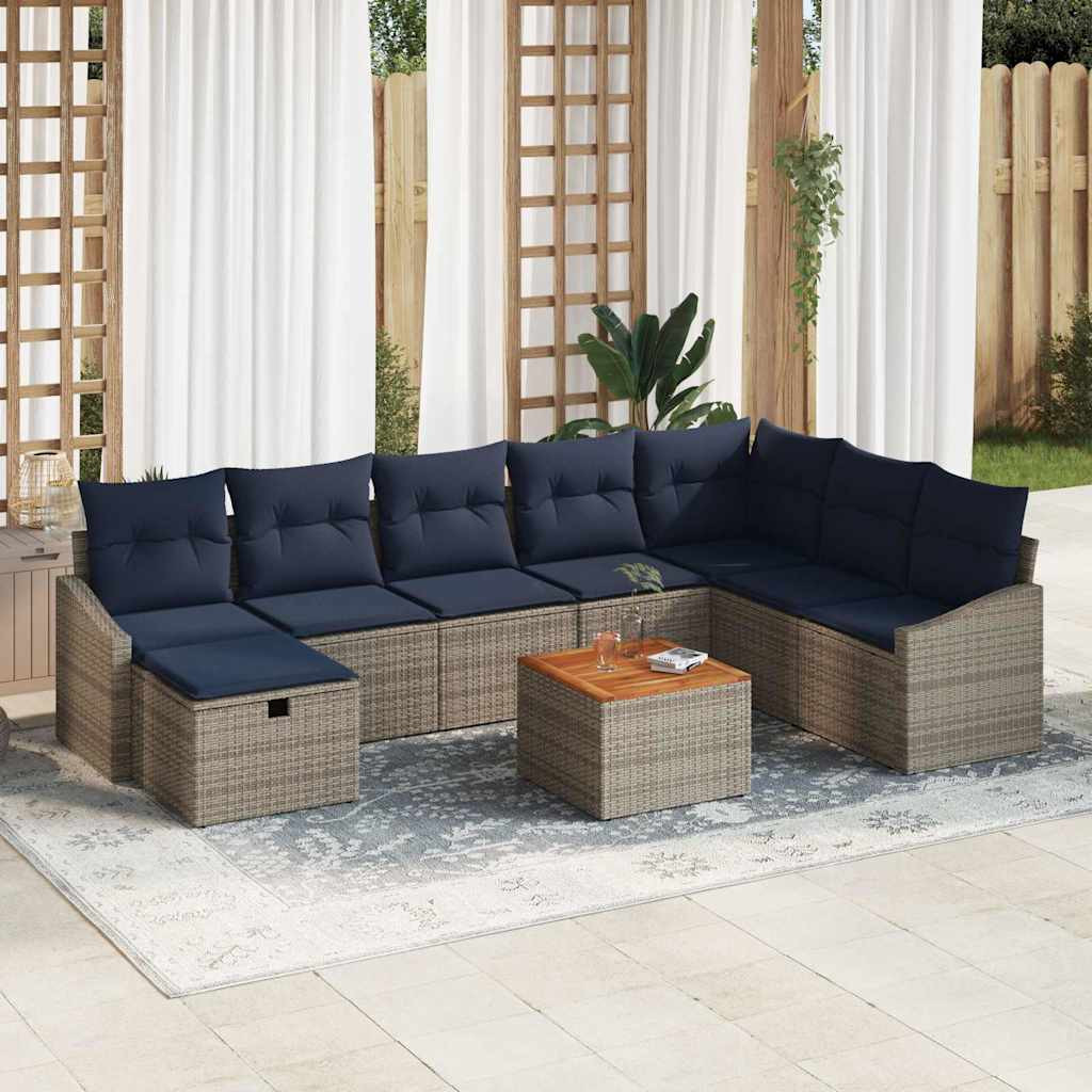 vidaXL Gartensofa-set mit Kissen mit Speicher 9 pcs Grau Poly Rattan