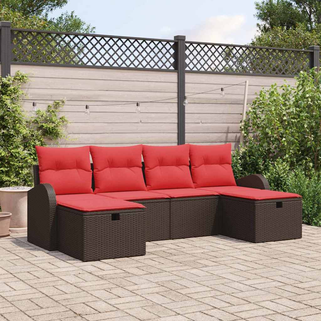 vidaXL Sofa Set mit Kissen 6 pcs Braun und Rot Poly-Rattan