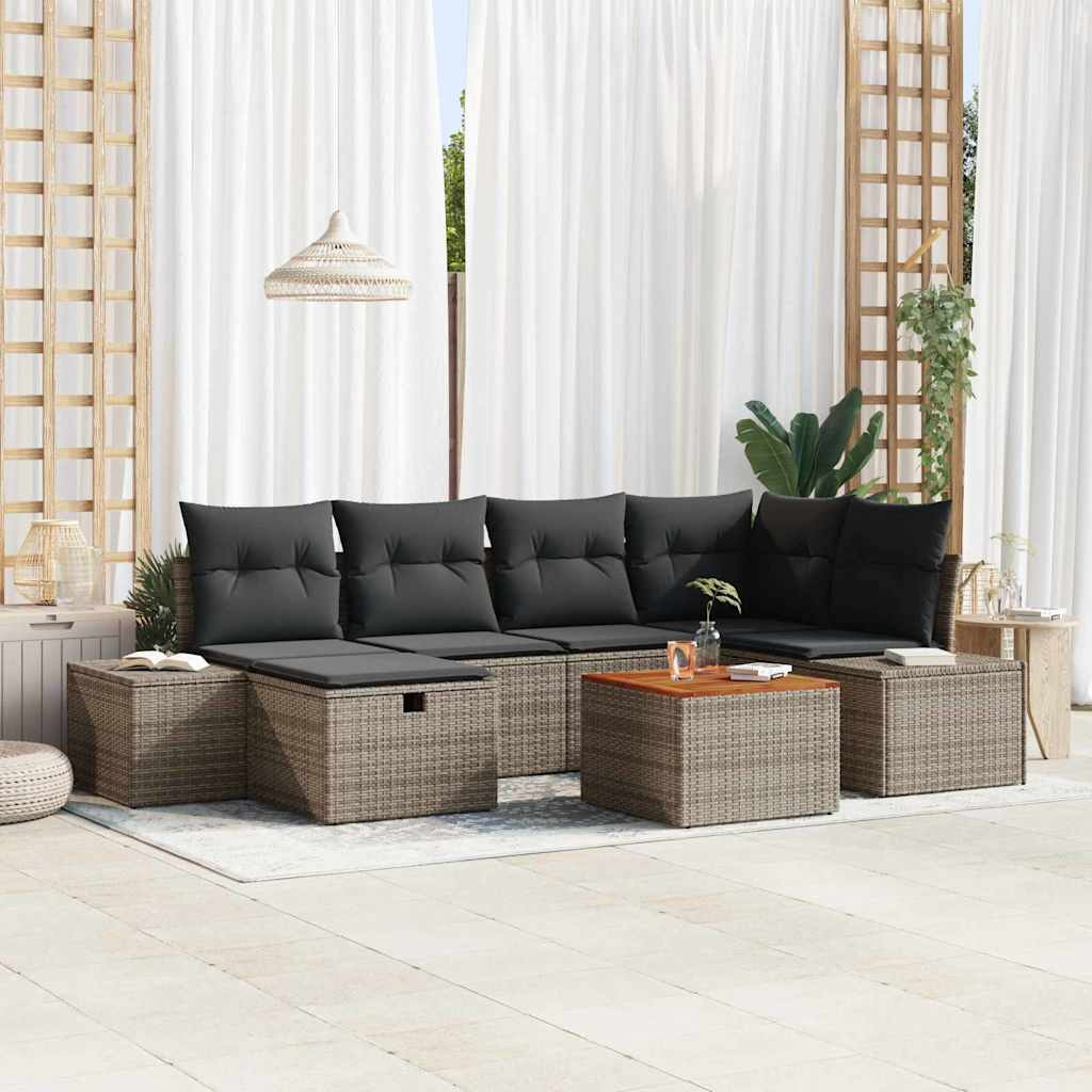 vidaXL Gartensofa-set mit Kissen mit Speicher 7 pcs Grau Poly Rattan