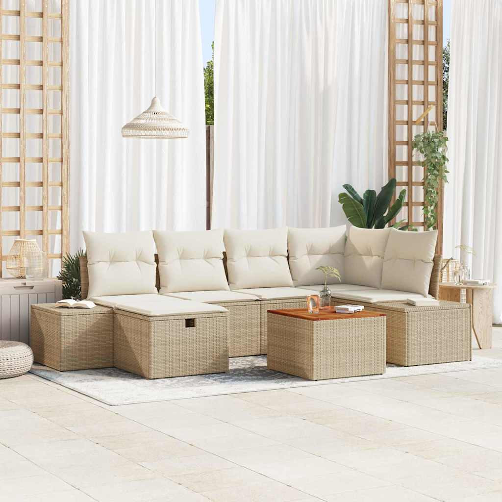 vidaXL Gartensofa-set mit Kissen mit Speicher 7 pcs Beige Poly-Rattan