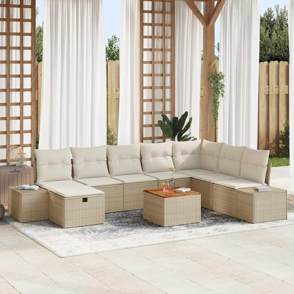 vidaXL Gartensofa-set mit Kissen mit Speicher 9 pcs Beige Poly Rattan