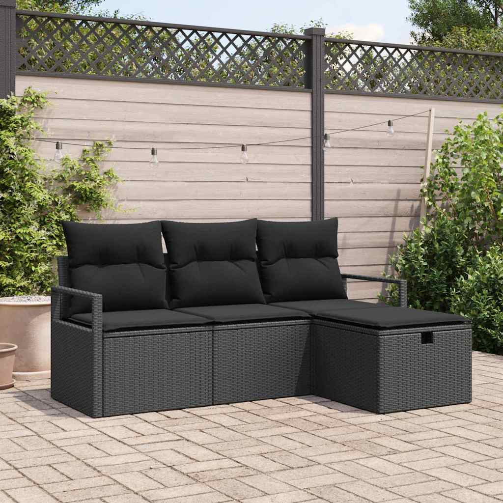 vidaXL Sofa Set mit Kissen mit Speicher 4 pcs Schwarz Poly-Rattan