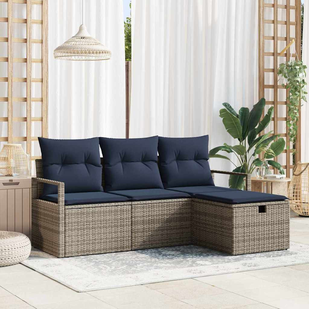 vidaXL Sofa Set mit Kissen 4 pcs Grau und Marineblau Poly-Rattan
