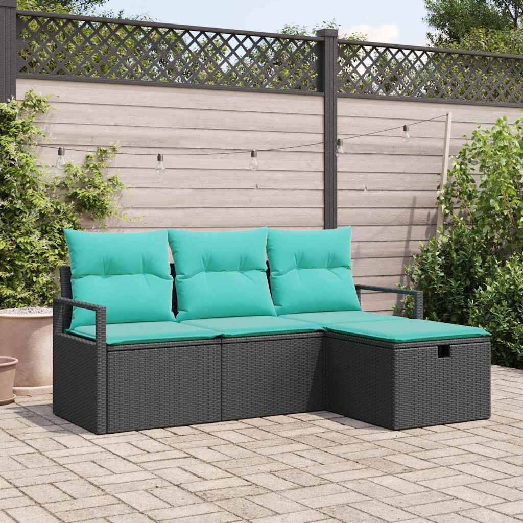 vidaXL Sofa Set mit Kissen 4 pcs Schwarz und Türkis Poly-Rattan