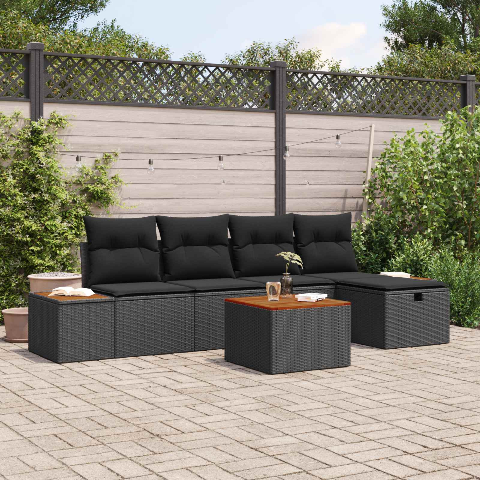 vidaXL Garten-Sofa-Set mit Kissen 6 pcs Schwarz Poly Rattan