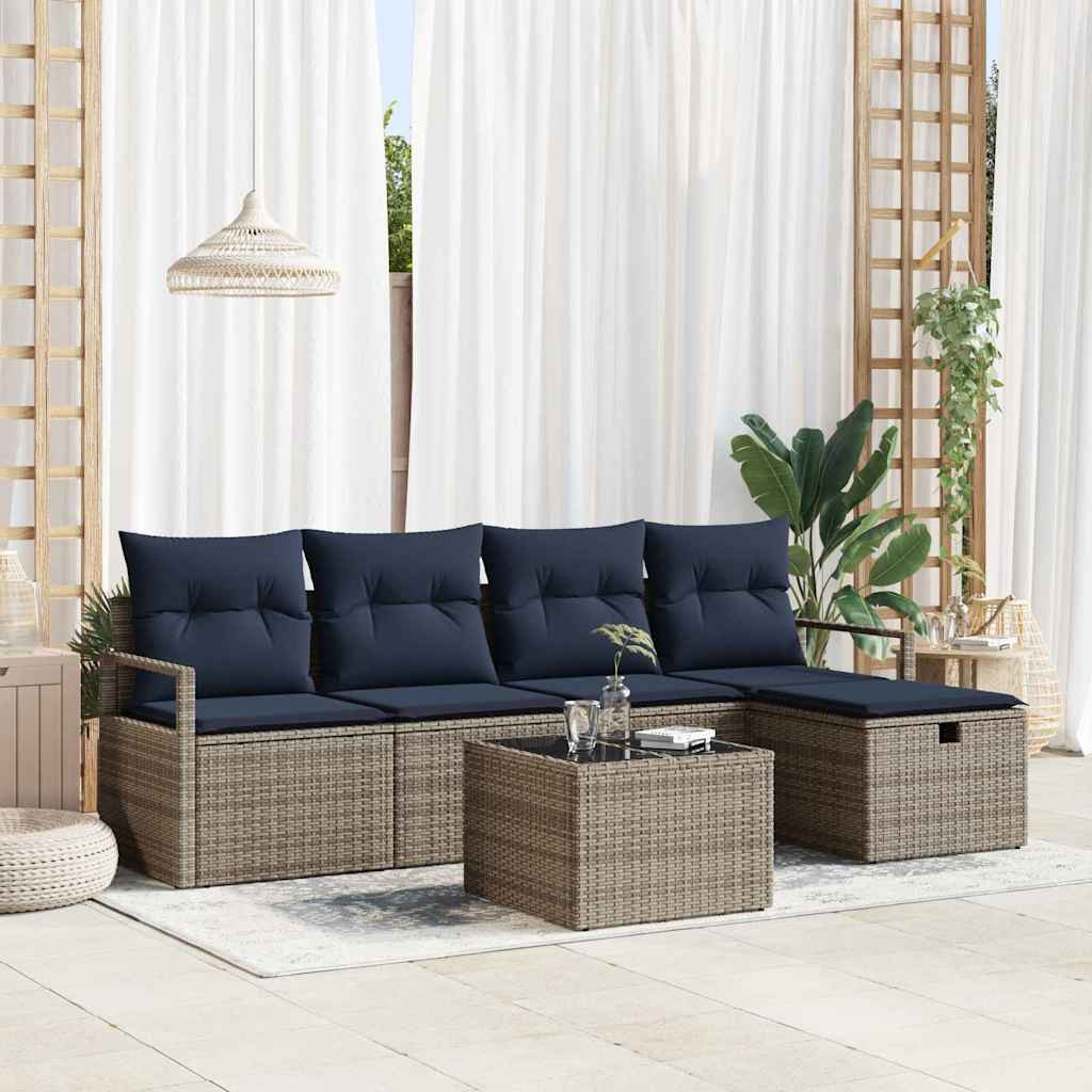 vidaXL Sofa Set mit Kissen Grau und Marineblau Poly-Rattan