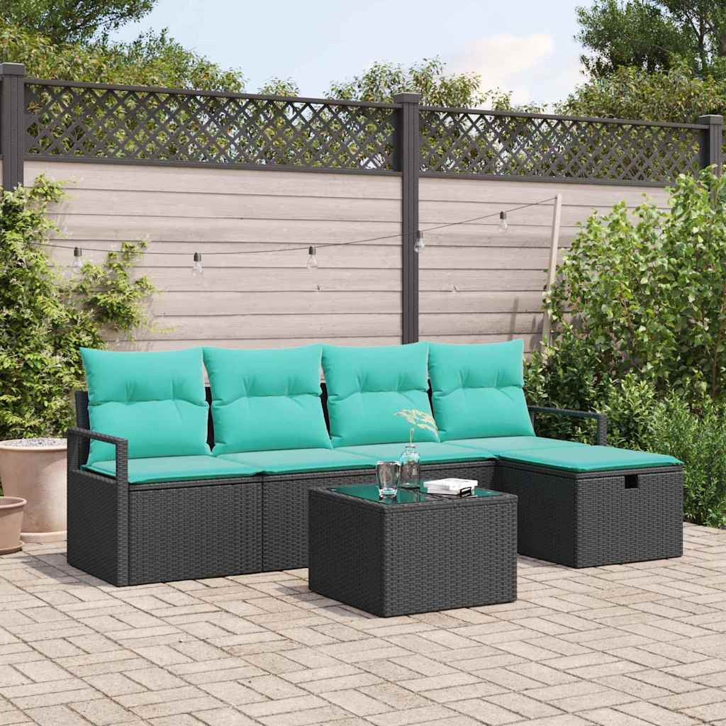 vidaXL Sofa Set mit Kissen 6 pcs Schwarz und Türkis Poly-Rattan