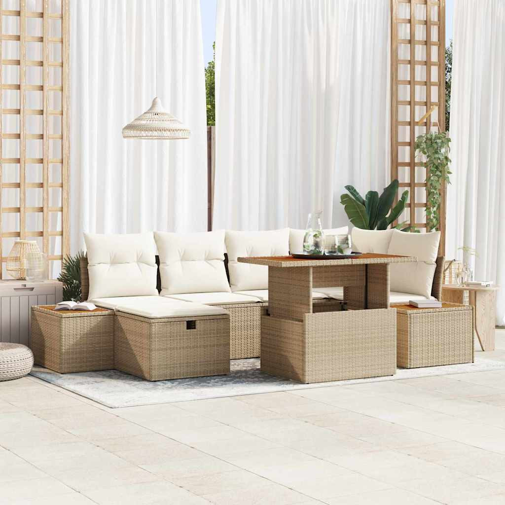 vidaXL Gartensofa-set mit Kissen mit Speicher 7 pcs Beige Poly-Rattan