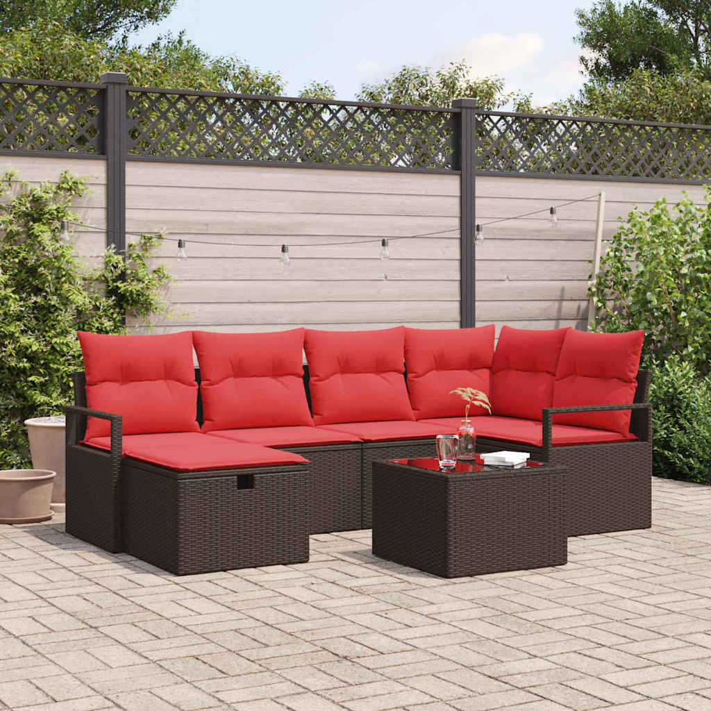 vidaXL Sofa Set mit Kissen 7 pcs Braun und Rot Poly-Rattan