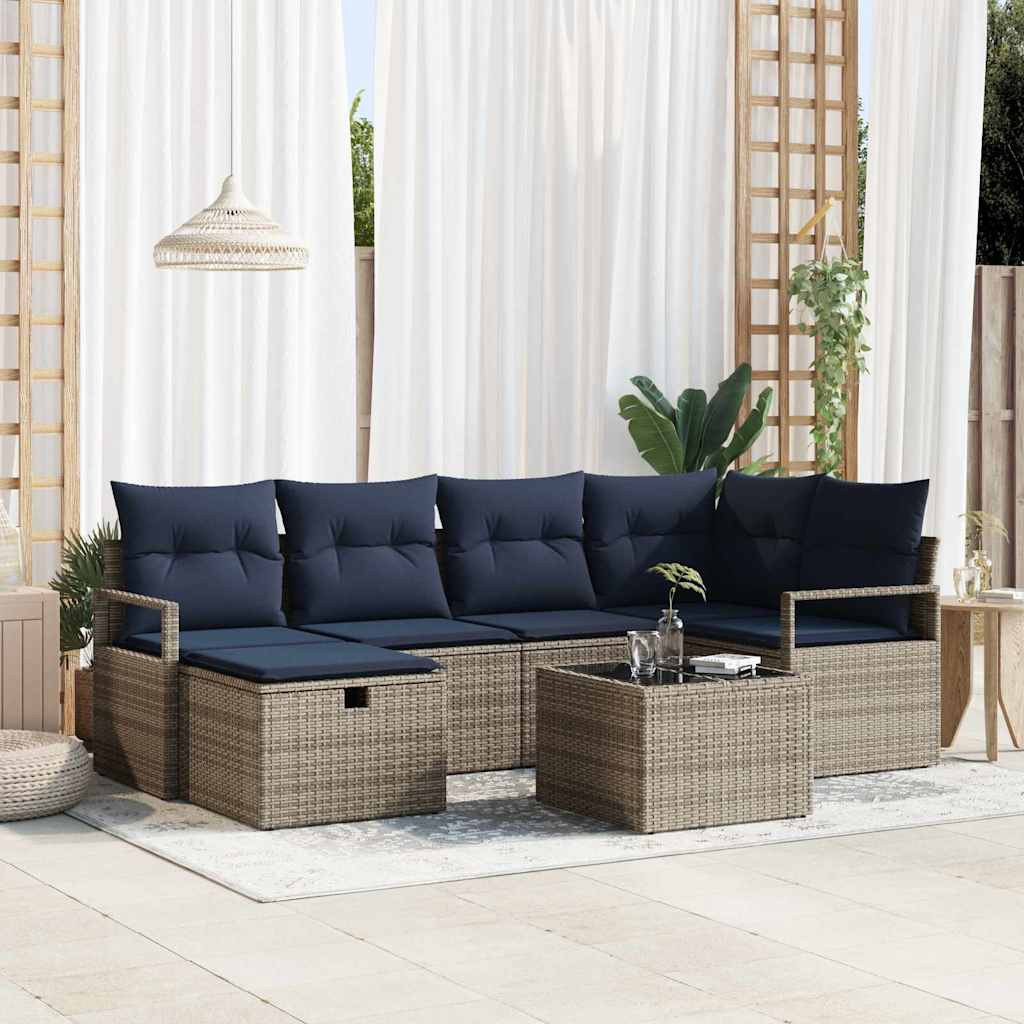 vidaXL Sofa Set mit Kissen Grau und Marineblau Poly-Rattan