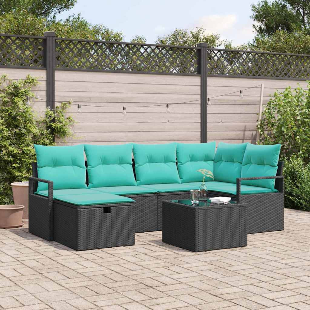 vidaXL Sofa Set mit Kissen 7 pcs Schwarz und Türkis Poly-Rattan