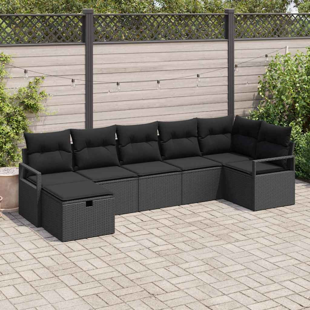 vidaXL Sofa Set mit Kissen mit Speicher 7 pcs Schwarz Poly-Rattan