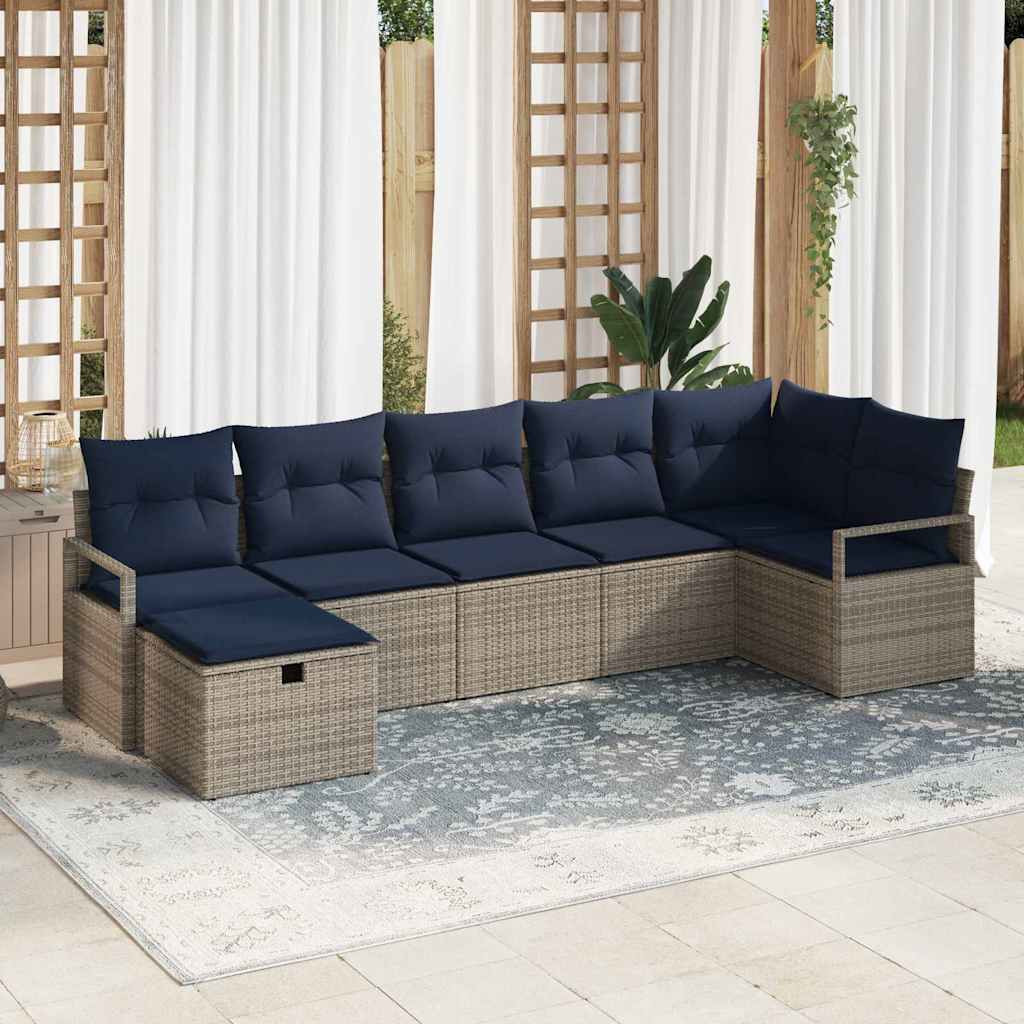 vidaXL Sofa Set mit Kissen 7 pcs Grau und Marineblau Poly-Rattan