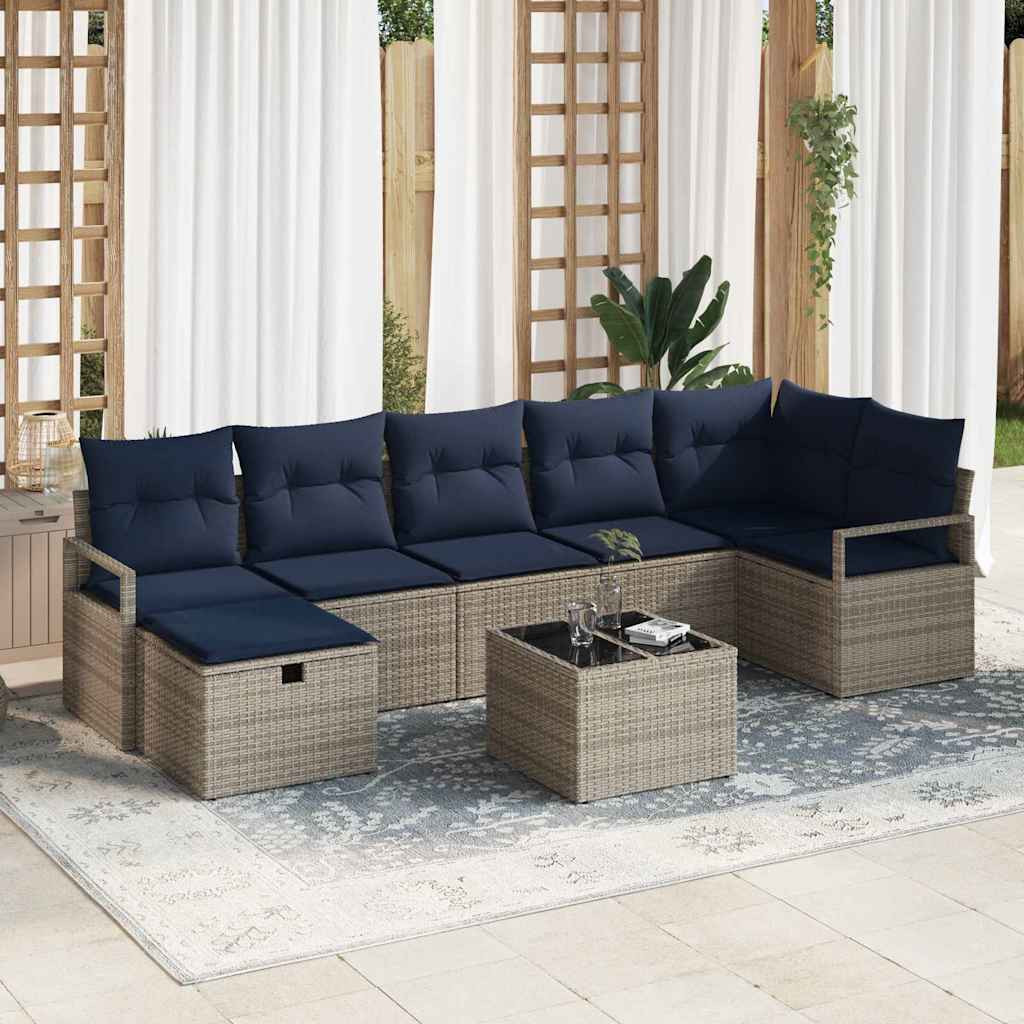 vidaXL Sofa Set mit Kissen 8 pcs Grau und Marineblau Poly-Rattan