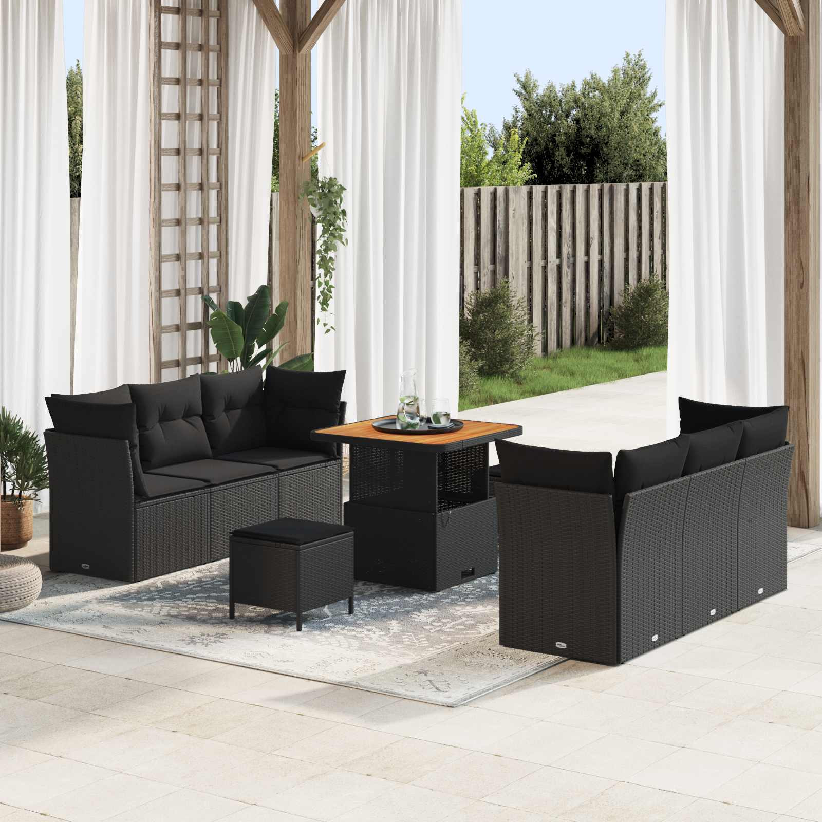 vidaXL Gartensofa-set mit Kissen 9 pcs Schwarz Poly-Rattan