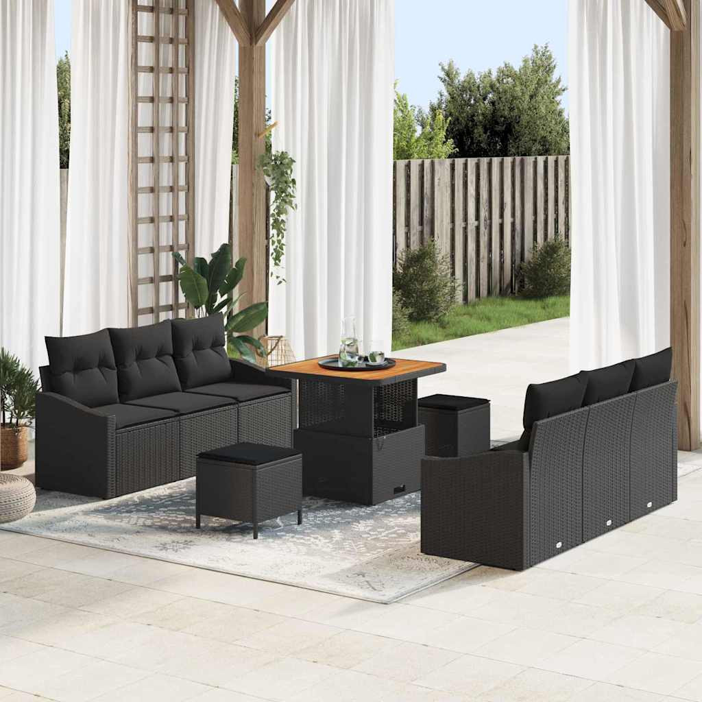 vidaXL Gartensofa-set mit Kissen 9 pcs Schwarz Poly-Rattan
