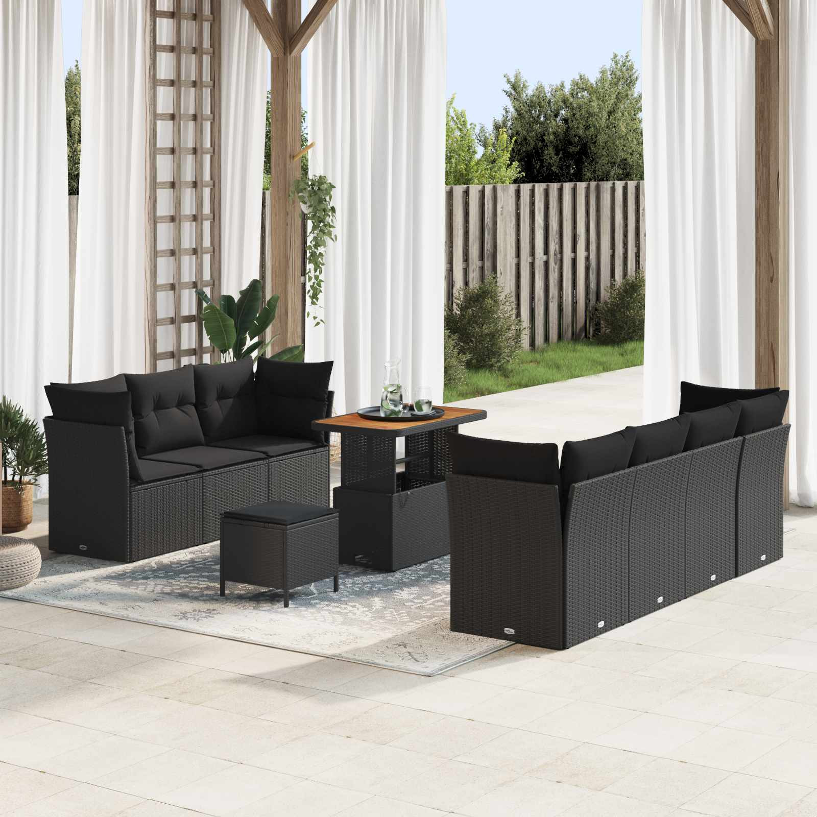 vidaXL Garten-Sofa-Set mit Kissen mit Speicher 10 pcs Schwarz