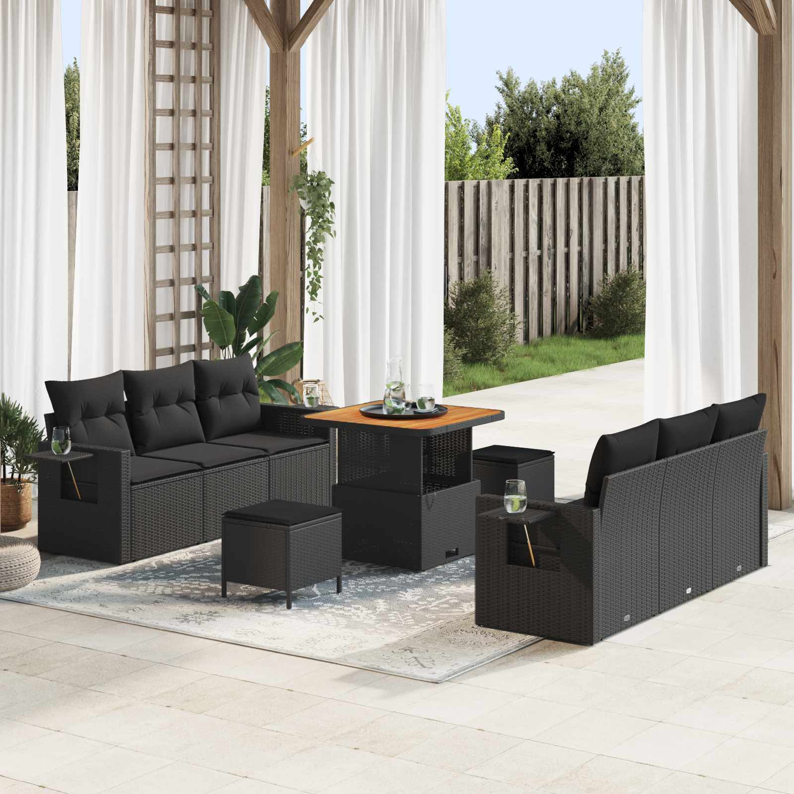 vidaXL Garten-Sofa-Set mit Kissen mit Speicher 9 pcs Schwarz