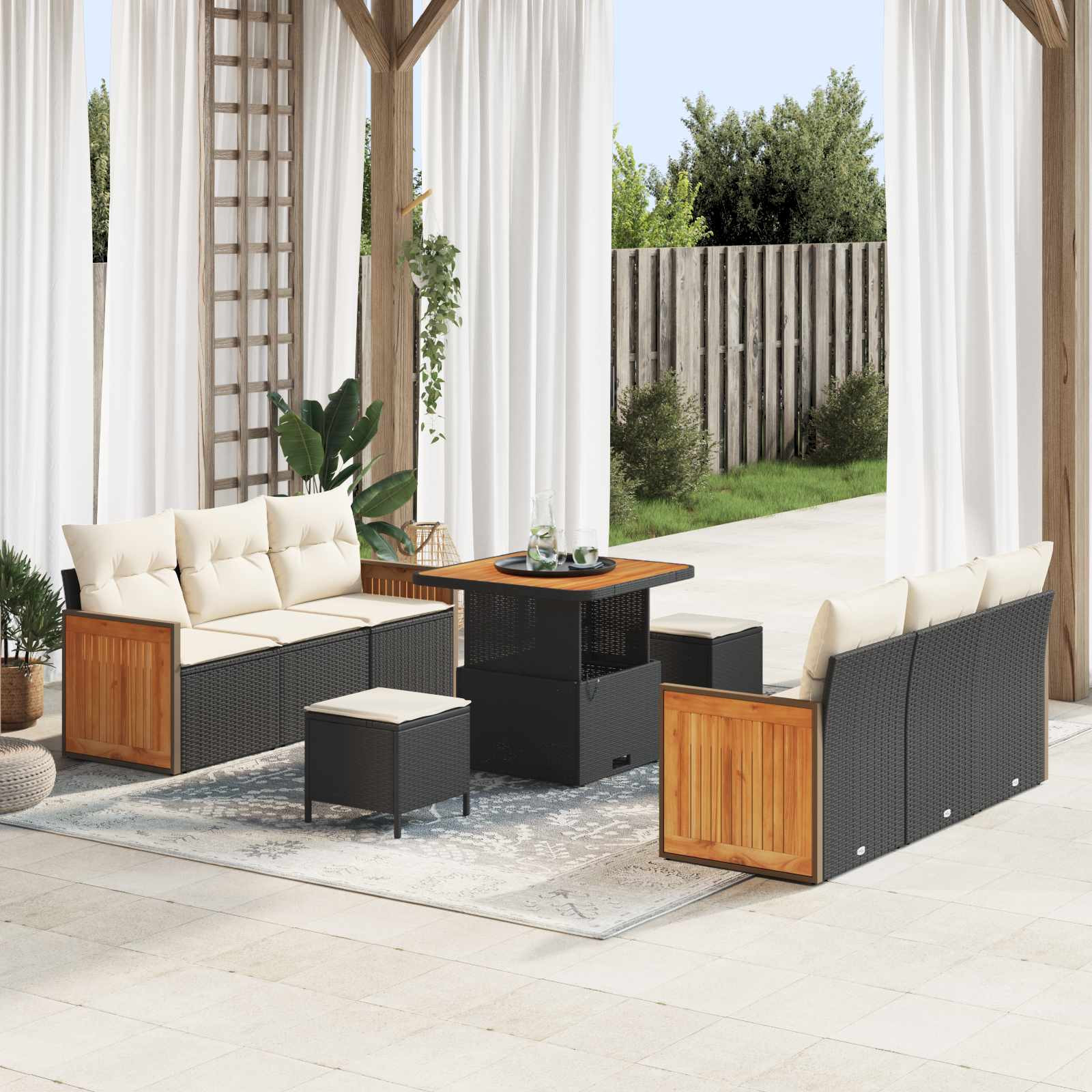 vidaXL Gartensofa-set mit Kissen 9 pcs Schwarz und Creme
