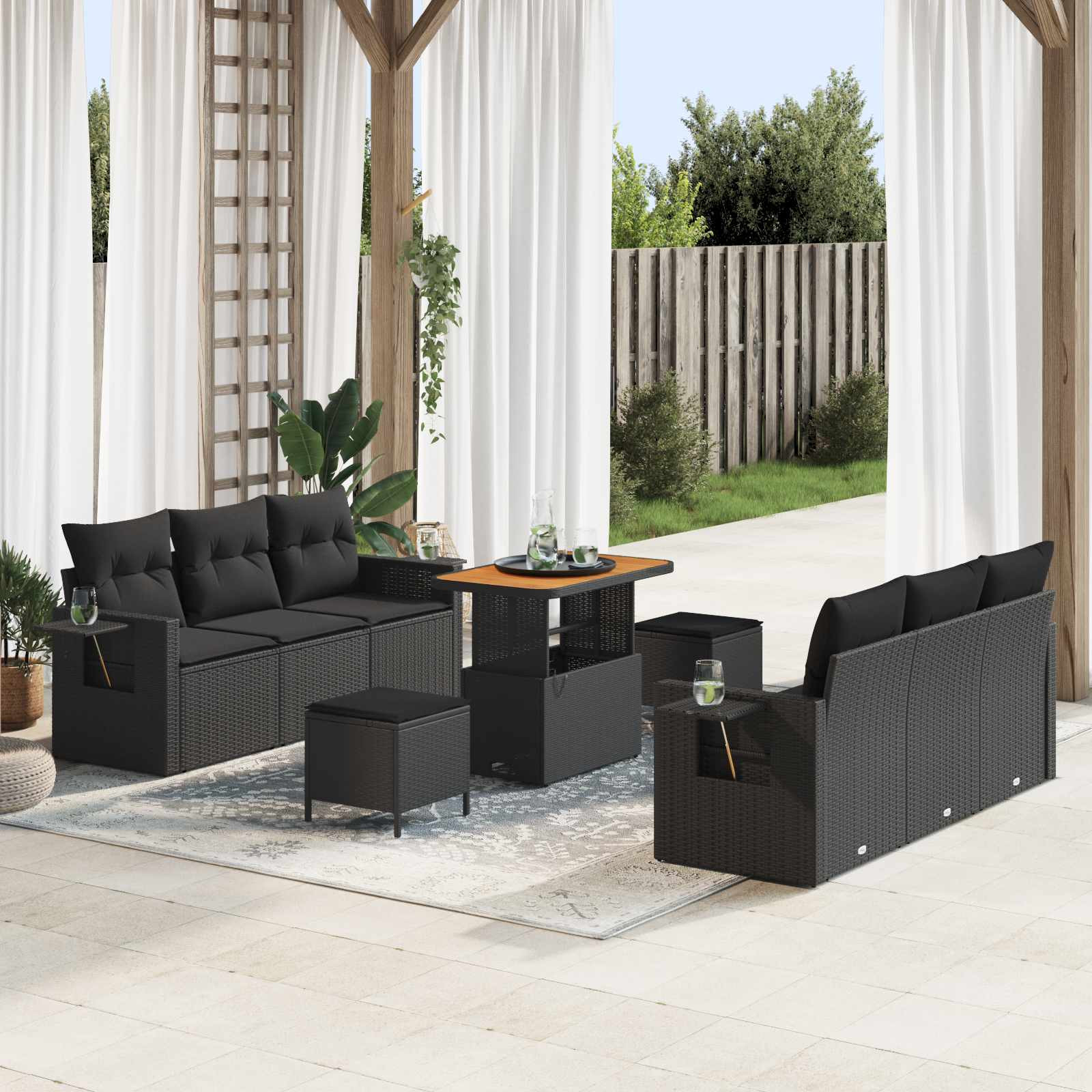 vidaXL Garten-Sofa-Set mit Kissen mit Speicher 9 pcs Schwarz